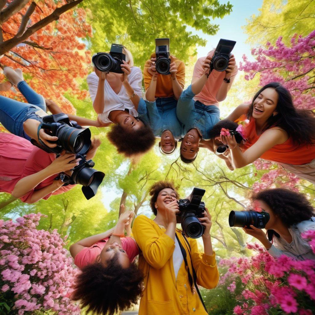 An inspiring scene of a diverse group of people capturing joyful moments in a vibrant park, surrounded by blooming flowers and trees. They are using various modern cameras, showing the excitement on their faces as they snap photos. Include bright sunlight casting playful shadows, and add images of colorful snapshots emerging from the cameras. The atmosphere should feel alive and cheerful. super-realistic. vibrant colors. outdoor setting.