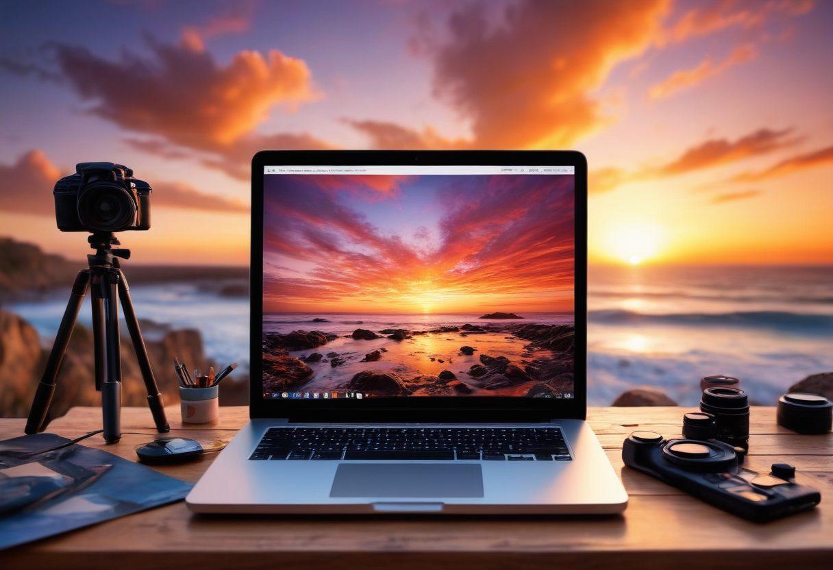 A captivating digital landscape showcasing a photographer capturing a sunset with a DSLR camera, surrounded by various photography equipment and a laptop displaying stunning digital photos. The scene blends vibrant colors of the sunset with a dynamic contrast between the artist's focused expression and the artistic compositions on display. Include elements like a soft bokeh effect in the background and geometric shapes illustrating the fusion of art and technology. super-realistic. vibrant colors. 3D.