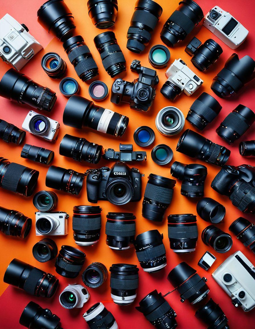 A mesmerizing flat lay arrangement of various high-end camera gear including a DSLR, lenses, tripods, and editing tools, all set against a vibrant backdrop of colorful photography prints showcasing stunning visuals. Soft, diffused lighting accentuates the sleek design of the equipment, emphasizing craftsmanship and creativity in visual storytelling. The composition suggests a blend of artistry and technology, drawing the viewer into the world of photography. super-realistic. vibrant colors. white background.